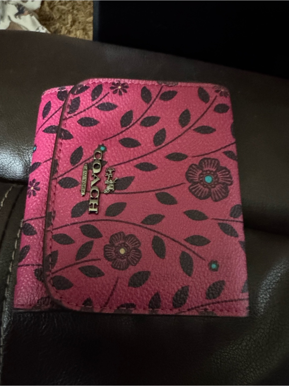 Coach Pink & Black Floral Bifold Wallet with Credit Card Slots